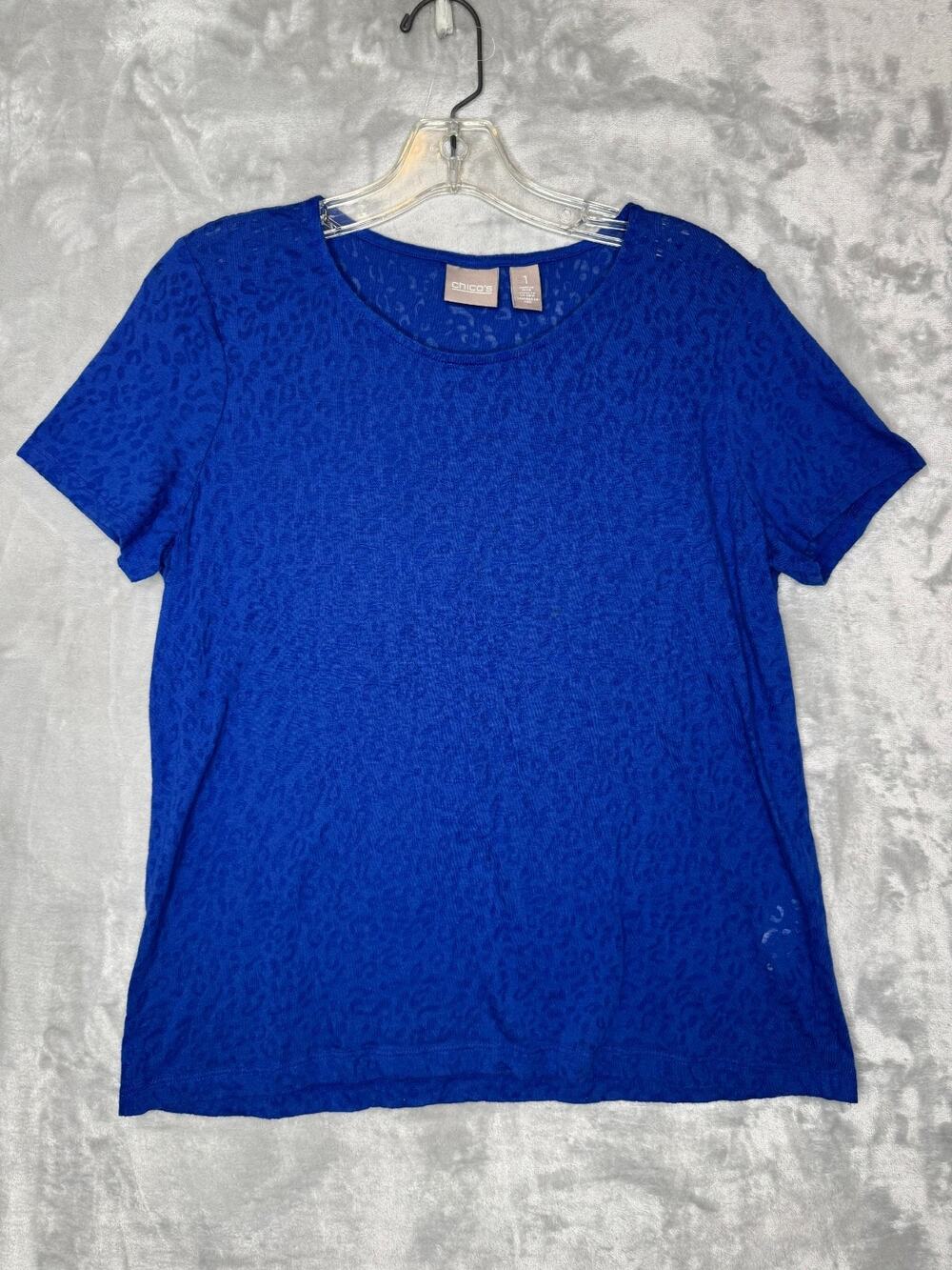 Chicos Top Womens Medium Royal Blue Leopard Semi Sheer Burnout T Shirt Short Slv